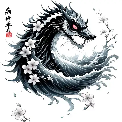 Shishi In Waves Of Water With Cherry Blossoms Falling