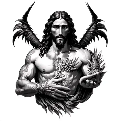 Jesus And Lucifer Polynesian Left Sleeve Tattoo Design Featuring