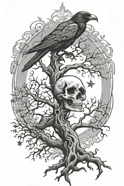 Skull Tree Raven Moon Sun Star Filled Sky