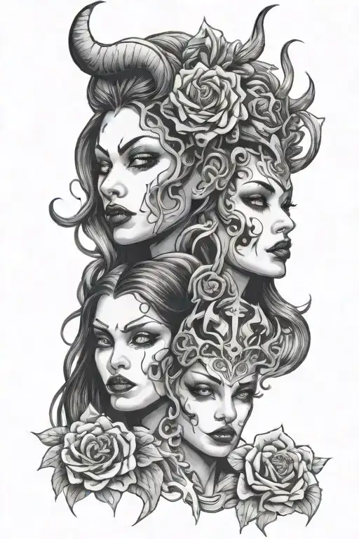 Sexy Demon Woman Face And A Sexy Woman Human Face With Hell And Heaven Background