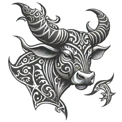 Tribal Taurus Bull Head With 2 Stars Interlaced With A Gemini Symbol