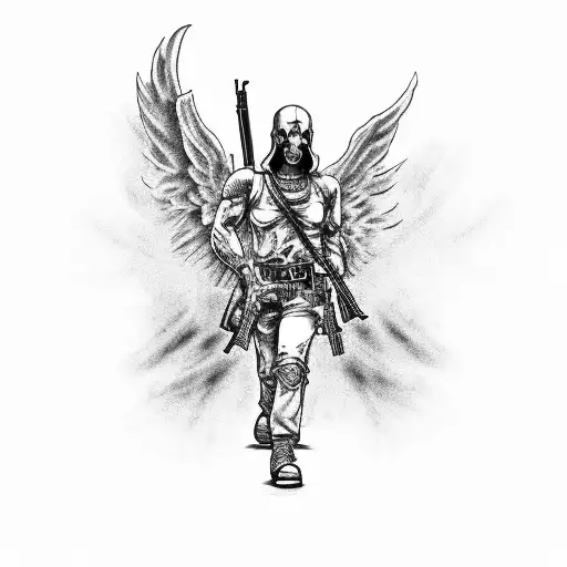 A Black-grey Tattoo Of A Gangster Angel With Gun Statues Fighting Demons