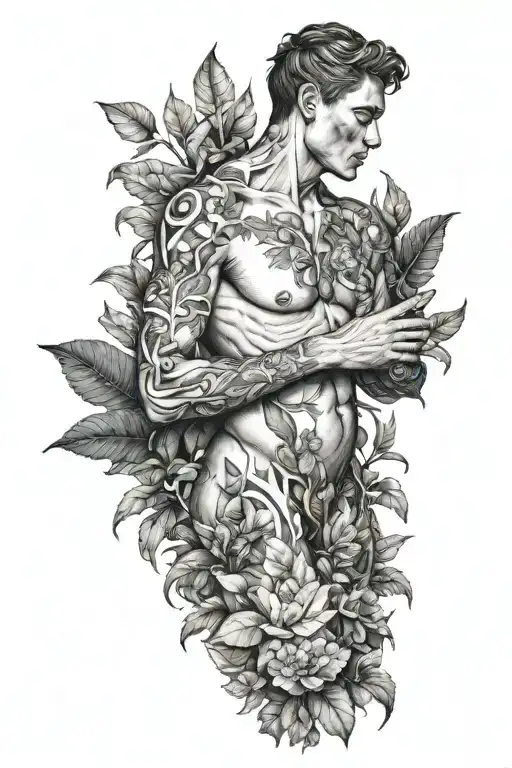 An Intricate Black And Grey Tattoo Of A Nude Man Surrounded By Lush Plants