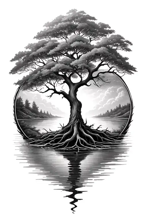 Tree Of Life With Deep Roots In A River Tattoo