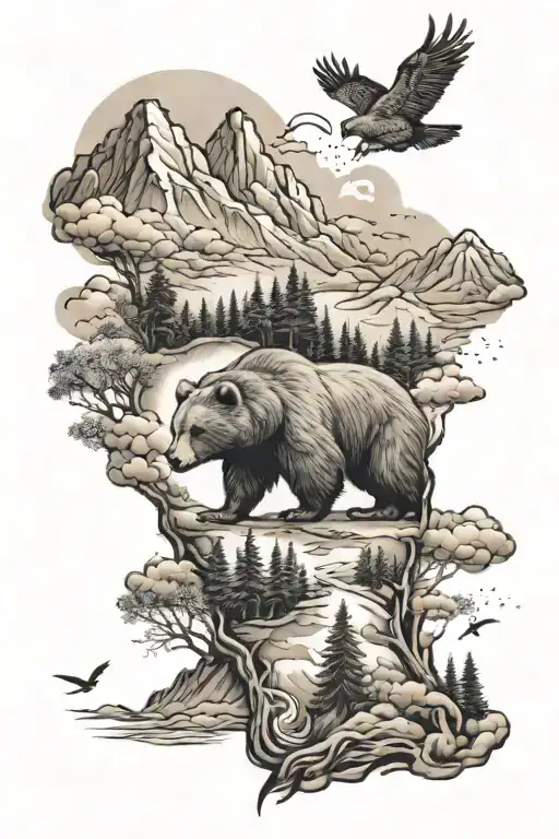 Sleeve With Bear Lighting Trees Mountains Map Clouds Fish Birds