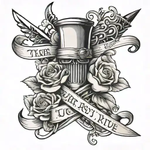 Dagger With Ribbon Wrapped Around Saying There Rest And Let Me Die With Flowers