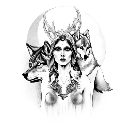 Pagan Priestess With Wolves In A Spooky Forest