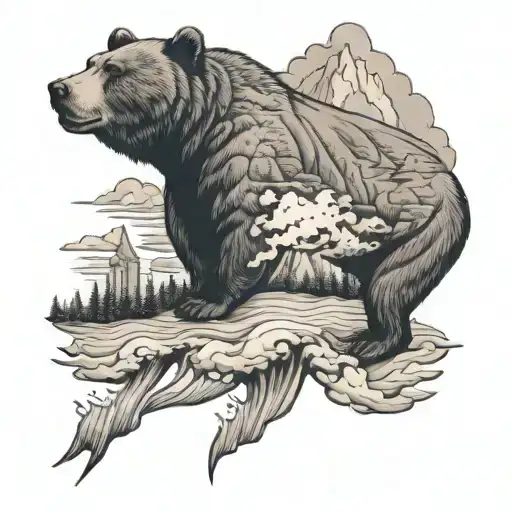 Half Sleeve With Bear Water Clouds Lightening Mountains And Map Of Ohio