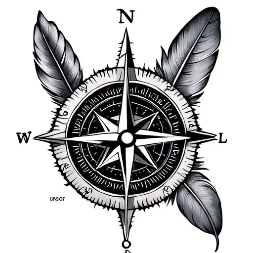 Nautical Compass Mandela With Feathers And Beds In Fine Line