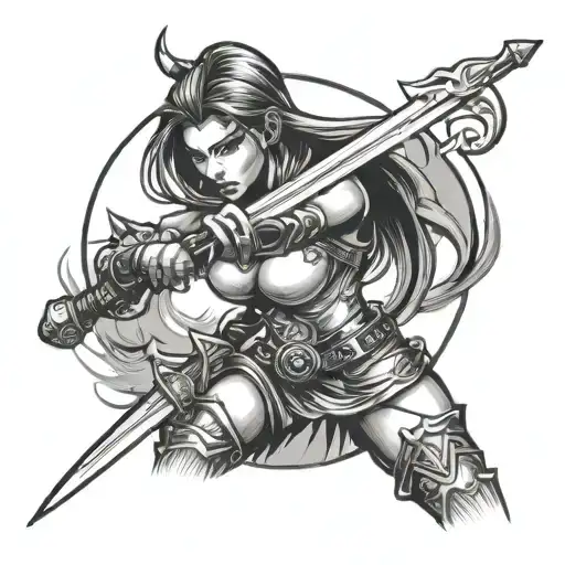 Outline Of A Girl Warrior Wielding A Sword
