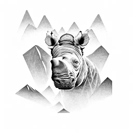 A Dotwork Representation Of A Rhino Surrounded By Mountain Peaks With A Lion On Top Of The Mountain