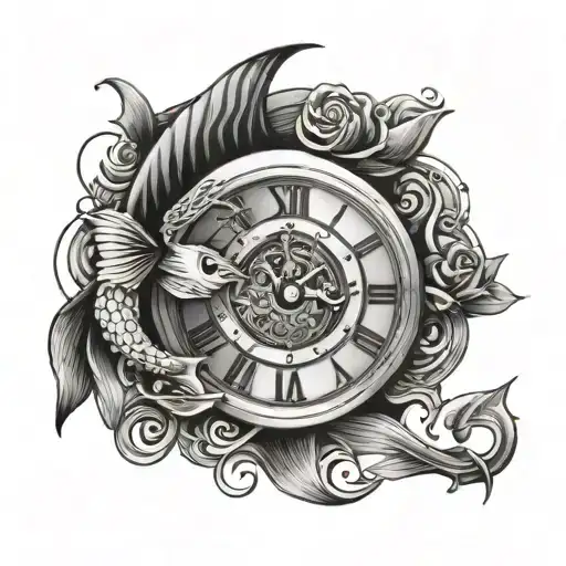 B&w Clock With Pisces Sign Mixed