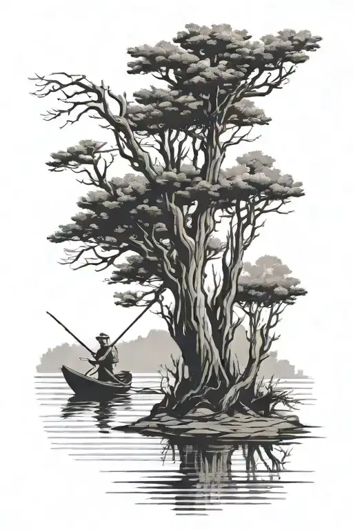 2 Guys Fishingin A Boat In Distance With Cypress Tree Backdrop
