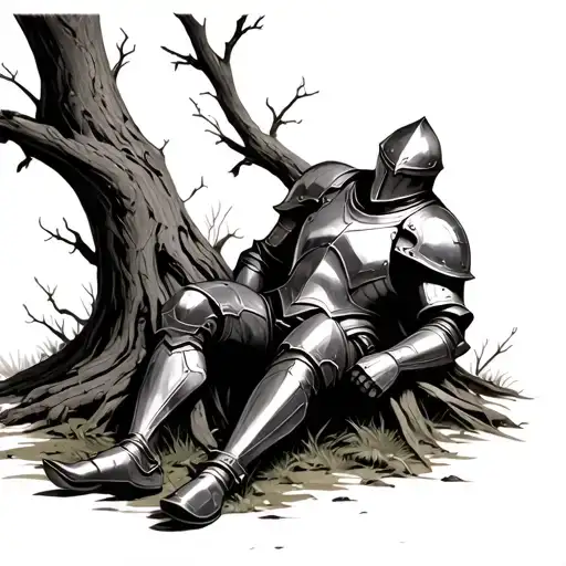 Withered Armour Of Fallen Knight Laying Against A Tree