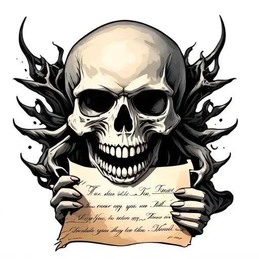 Skull With Fangs Holding A Piece Of Paper With Text