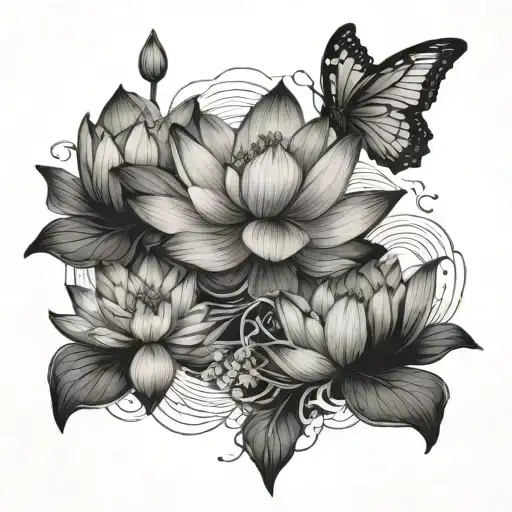 Lotus Flower Blooming On Water Woth Butterflies