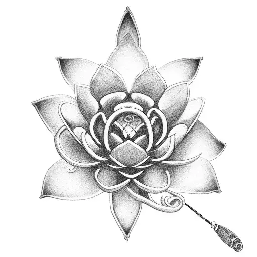 A Captivating Black-grey Tattoo Of A Fishing Hook Intertwined With A Blooming Lotus Flower