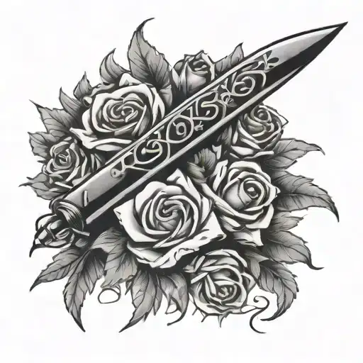 Dagger With Ribbon Wrapped Around Saying There Rest And Let Me Die With Flowers