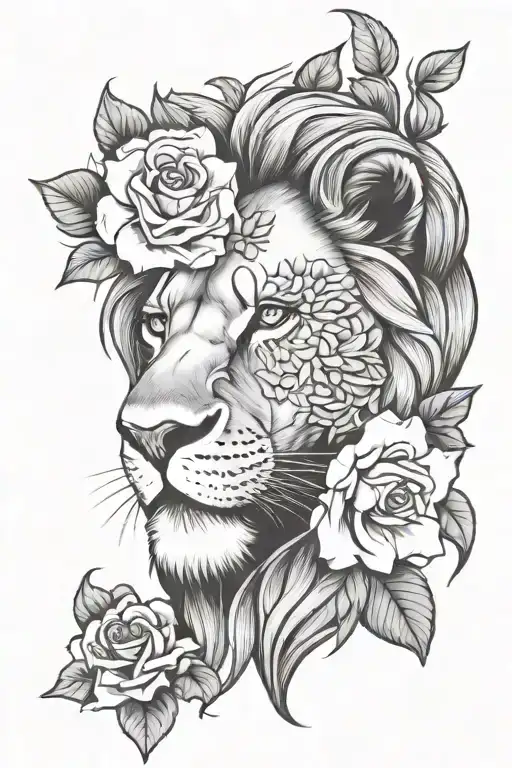 Half Lion Face And Flowers