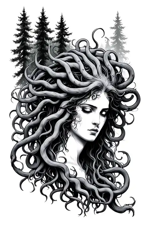 Medusa Surrounded By Forest Trees Background Looking Down At Evil