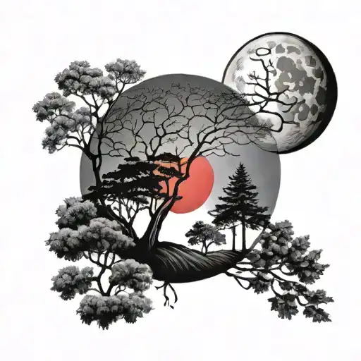 Red Half Moon With Trees