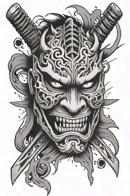 Shattering Oni Mask With Katana Sword