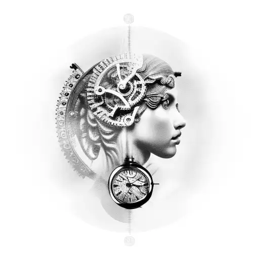 A Black And Grey Tattoo Of A Woman Holding A Greek Statue With Clock Gears As Eyes