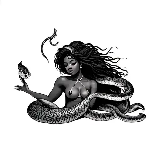 African Mermaid Holding Snake Wrapped Loosely