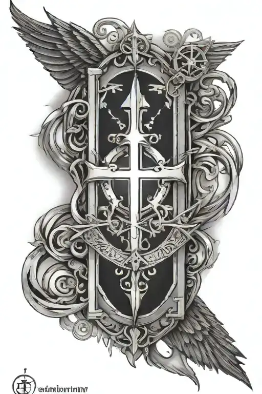 A Symbolic Tattoo Combining Yahweh's Name In Hebrew Script With A Cross And A Halo Of Light Rays