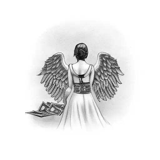 A Black-grey Tattoo Of A Hustler With Angel Wings Holding A Stack Of Money