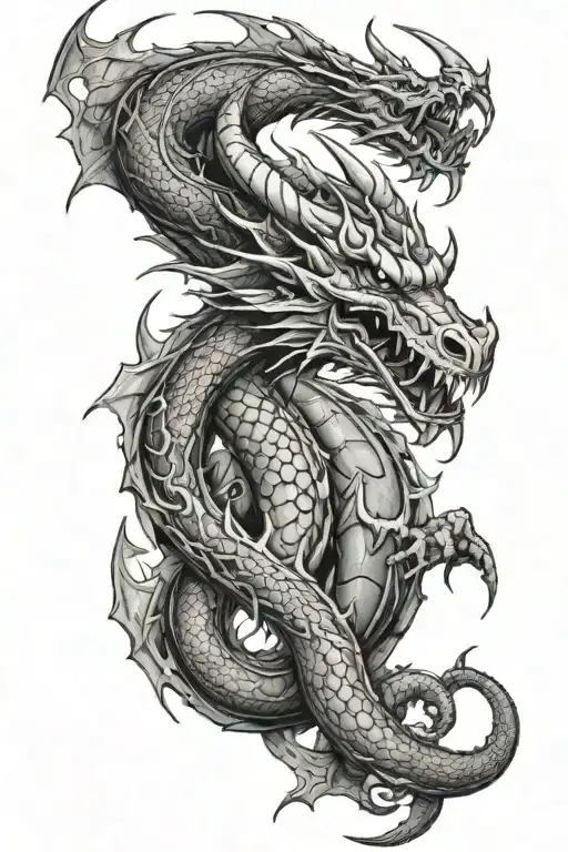 Dragon Wrapped With Trident Surrounded
