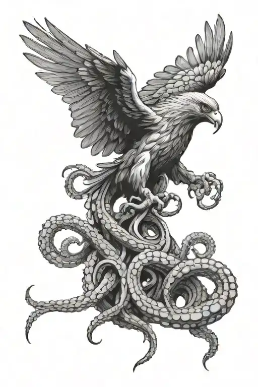 Hawk Reaching Down With Talon Around An Octopus Tentacle Reaching Up From An Octopus