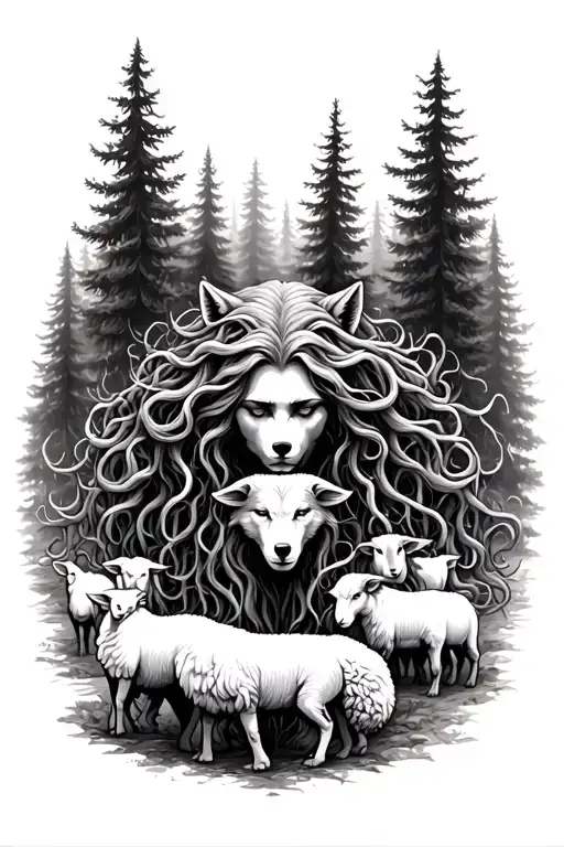 Medusa Surrounded By Forest Trees Background Looking Down At Wolfs Dressed In Sheeps Clothing