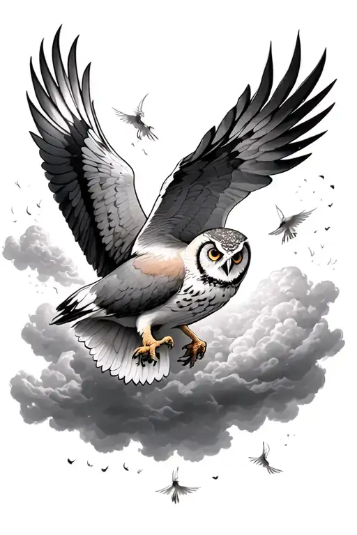 Dove Flying Around Owl Surrounded By Clouds Heaven