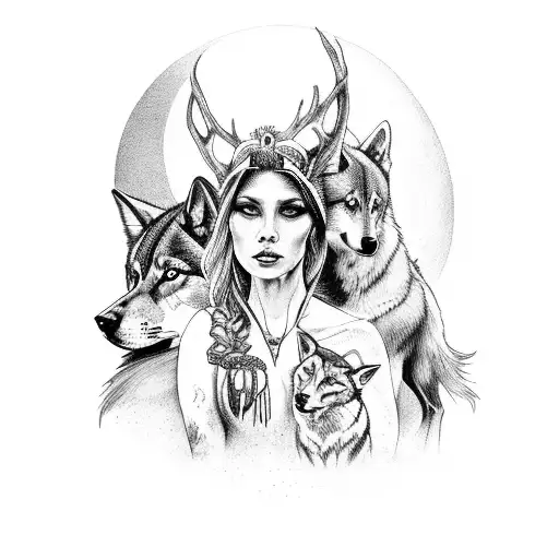 Pagan Priestess With Wolves In A Spooky Forest