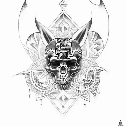 Design A Tattoo That Incorporates The Symbols Of Gang Life And Aztec Art In A Black-grey Style