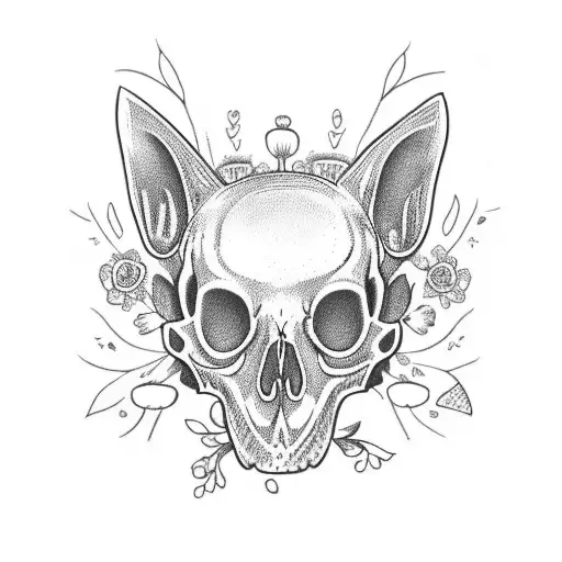 Cat Skull With Mushrooms And Flowers