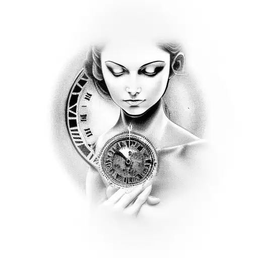 A Black And Grey Tattoo Of A Woman Holding A Greek Statue With Clock Gears As Eyes