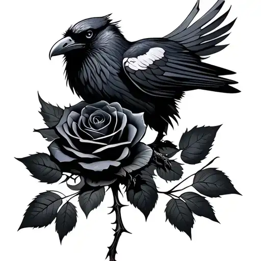 Powerful Mysterious Raven Holding A Black Rose With Thorns
