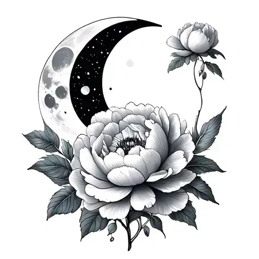 Waxing Gibbous Moon Phase With Fine Line Peonies Flower