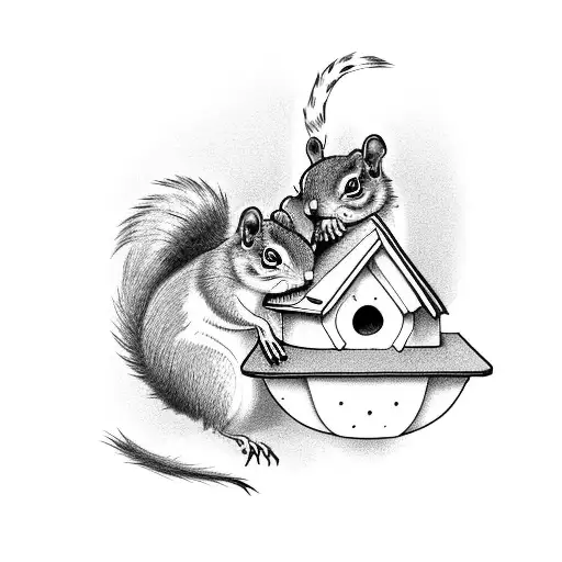 Squirrel In Bird House And Cat