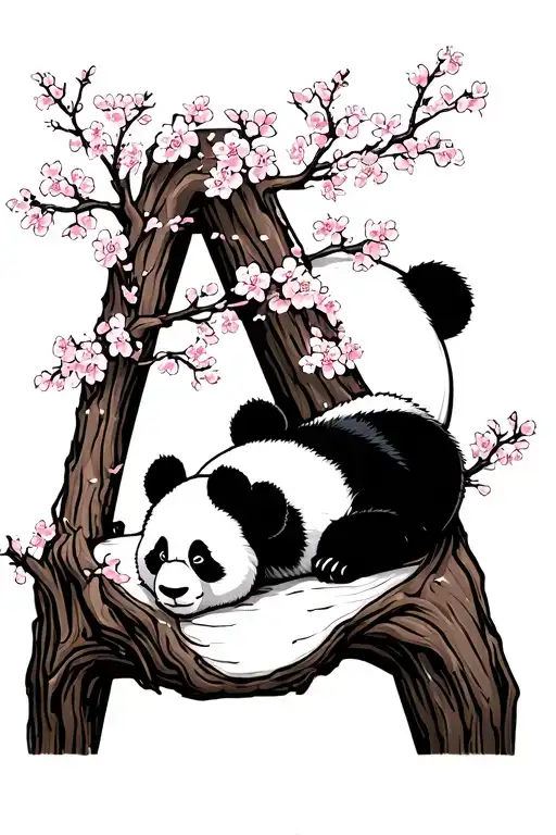Panda Napping On An 'A' Shaped Cherry Blossom Tree