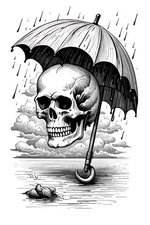 Lino Print Style Skull Under An Umbrella With Wood Look Printed Style Storm Clouds And Rain