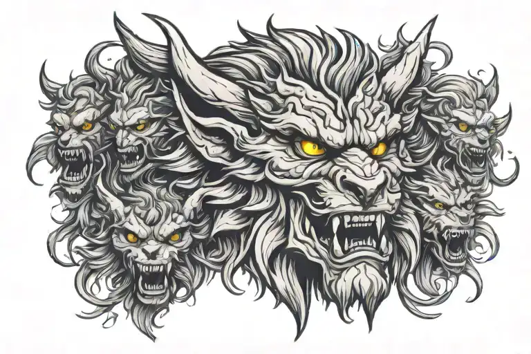 Giant Lycanthrope Head With Demonic And Angelic Figure Surrounded By Demons