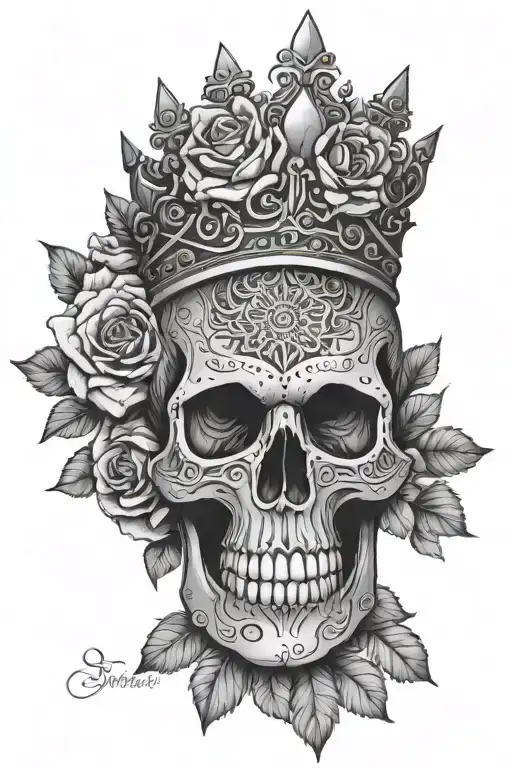 Geometric Mandala Skull Wearing A Crown Surrounded By Mandala Patterns With Roses