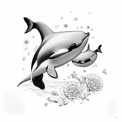 Mom And Baby Orcas With Flowers On Them