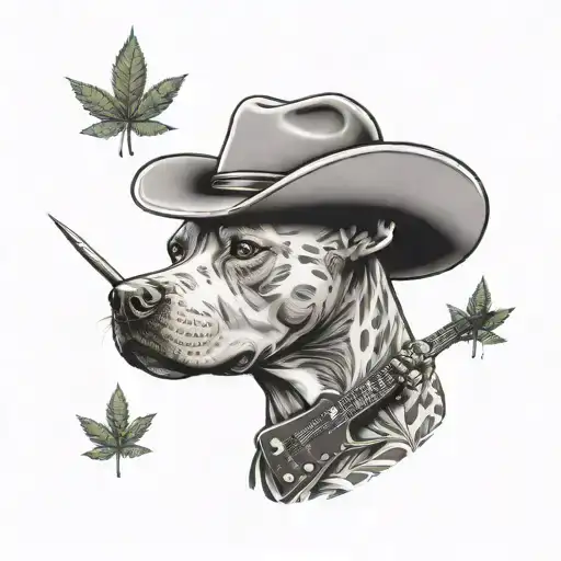 Pitbull Dog Wearing A Cowboy Hat And Playing A Marijuana Leaf Shaped Guitar
