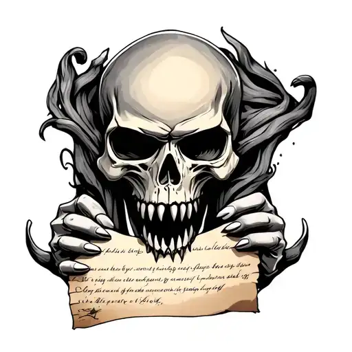 Skull With Fangs Holding A Piece Of Paper With Text