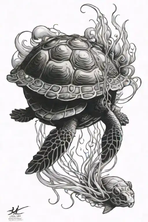 Turtle Swimming Through A Jellyfish's Tenticles Side Profile