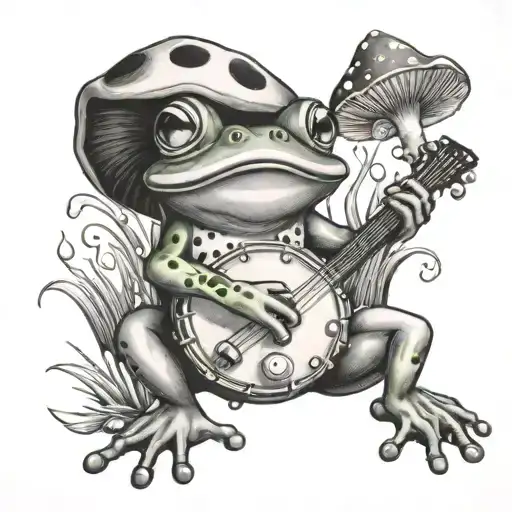 Frog Playing Banjo Under Mushroom Surrounded